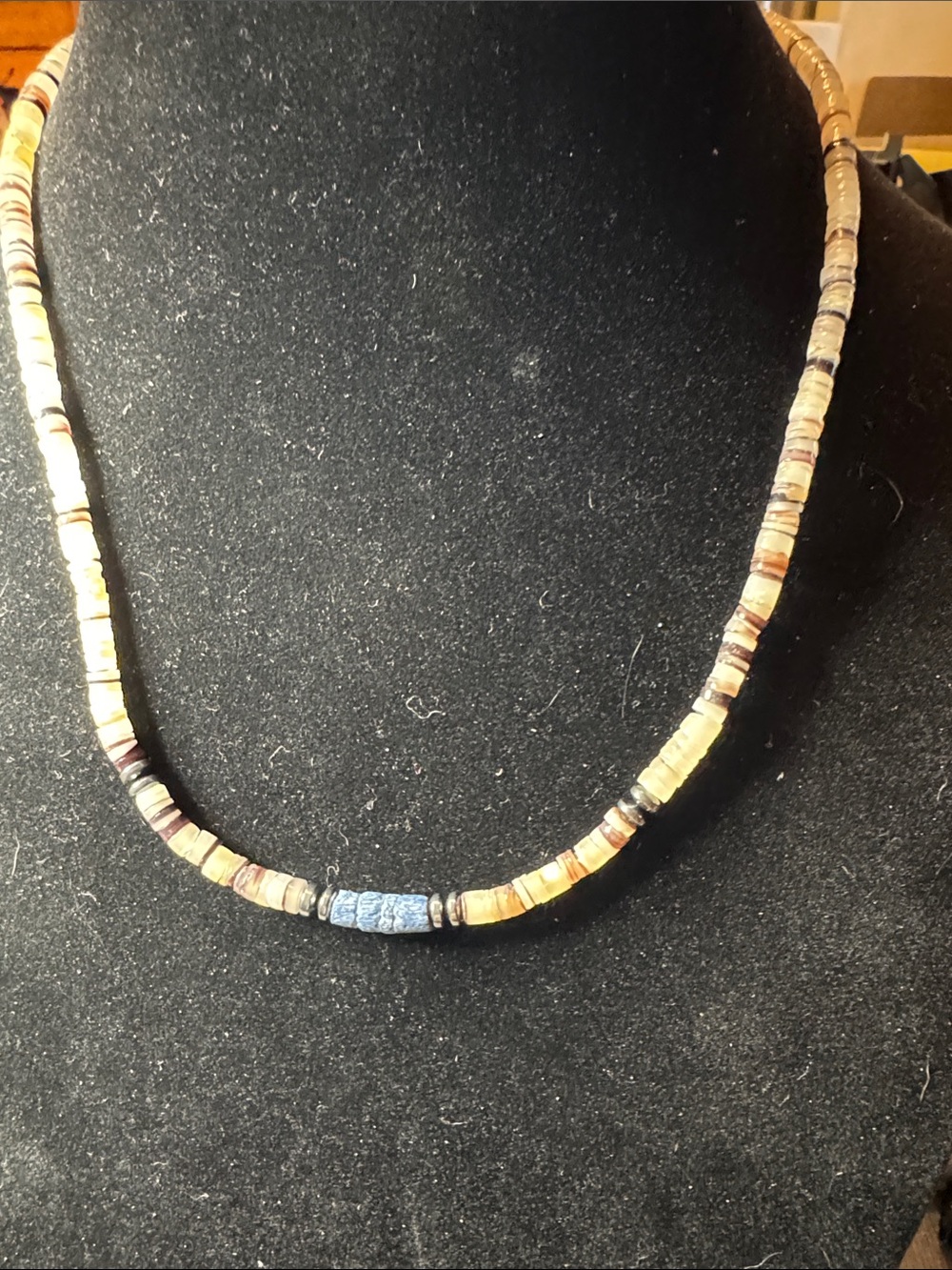 Vintage Source Unknown Neutral Heishi Bead Necklace with Blue Accent